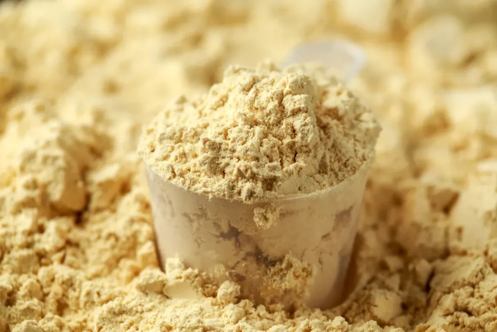 Green lean protein powder in a scoop. 