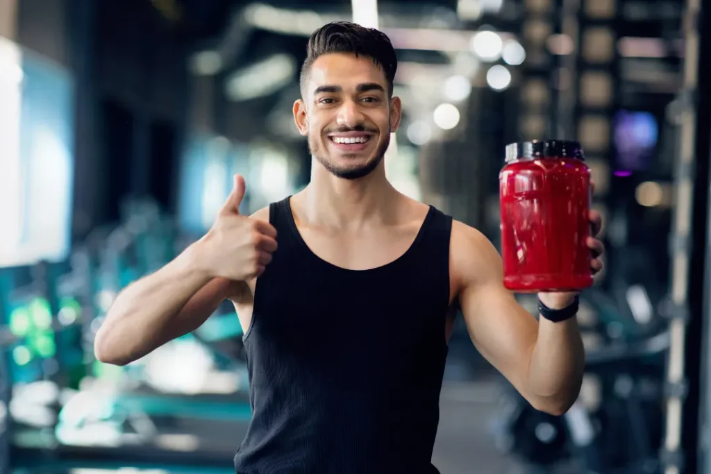 Man showing protein powder. 